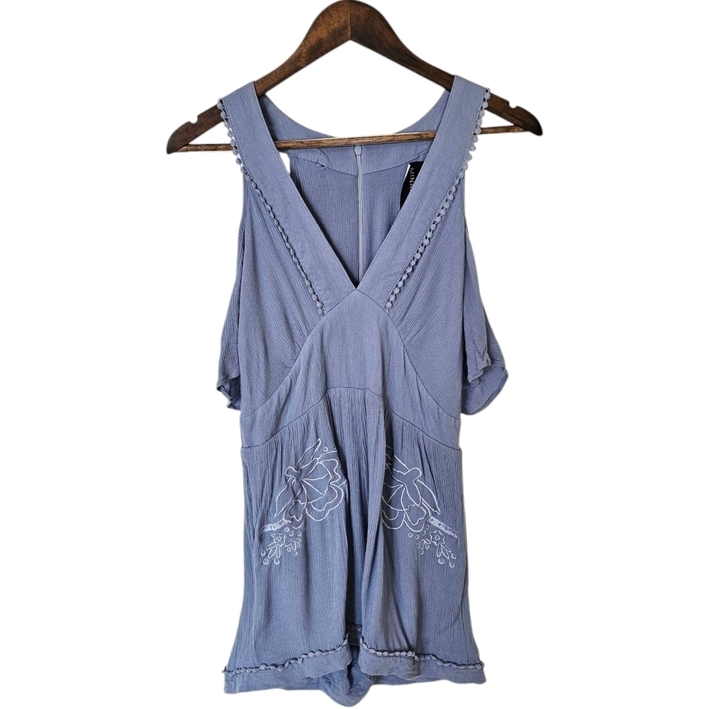 MINKPINK Blue Cold Shoulder Floral Embroidered Romper Sz L